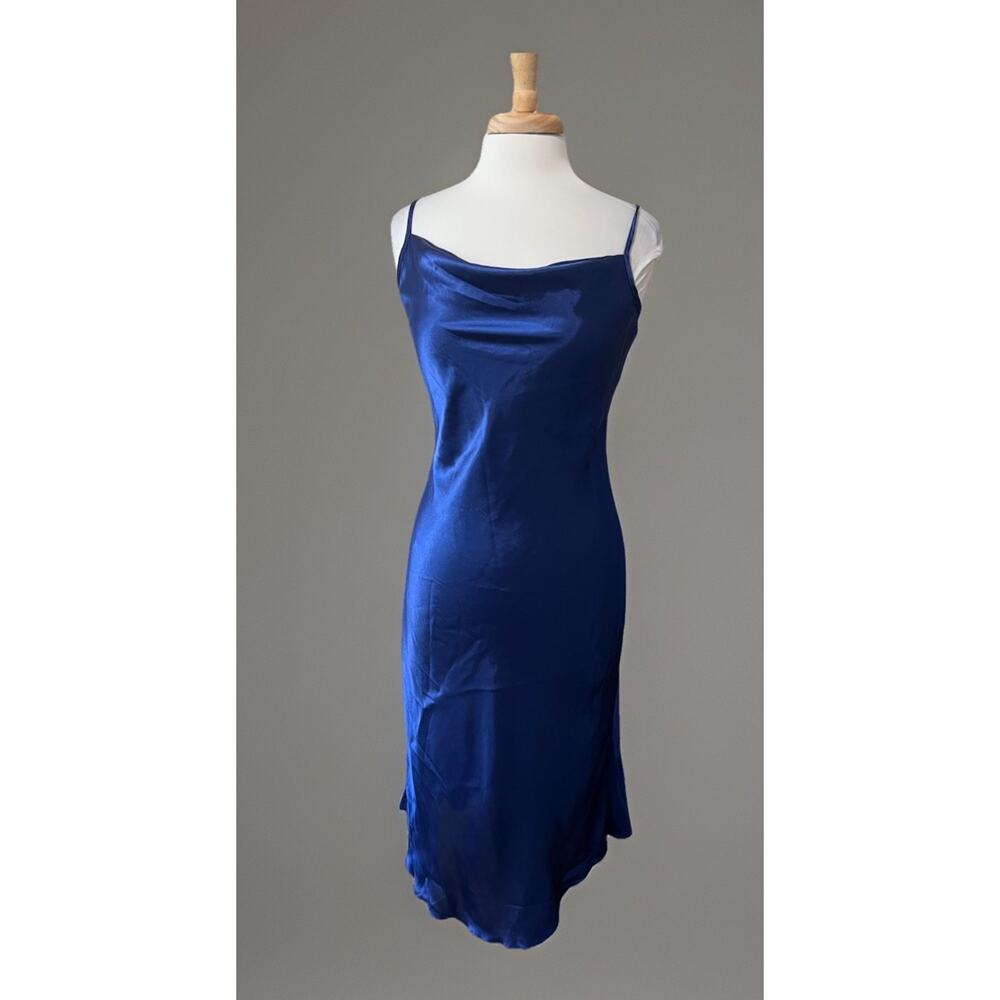 Vintage Bebe Slip Dress Womens M Midi Drape Neckline Satin 90s Grunge Fairy Blue